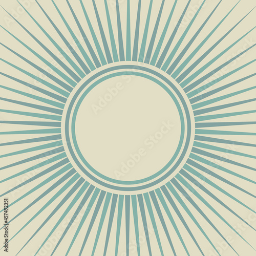 Sunlight retro background with vintage round frame for text. Blue and beige color burst background.