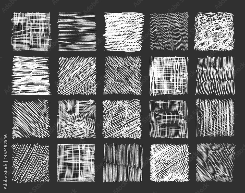 Fototapeta Abstract set with pencil strokes on a black background. Hand drawing sketch frame.
