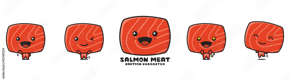 Fototapeta premium cute salmon meat mascot, food cartoon illustration, with different facial expressions and poses