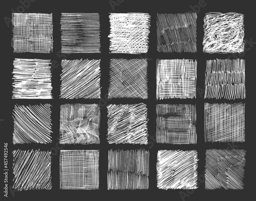 Abstract set with pencil strokes on a black background. Hand drawing sketch frame.