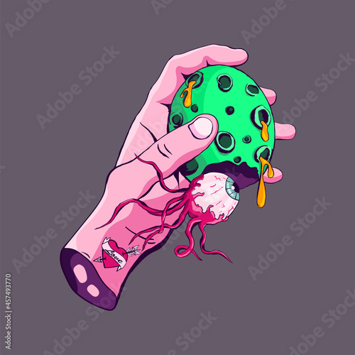 Alien Eye Creature and Cracked Egg in Hand with Goo Surreal Art Cartoon Illustration for T-shirt and tattoo