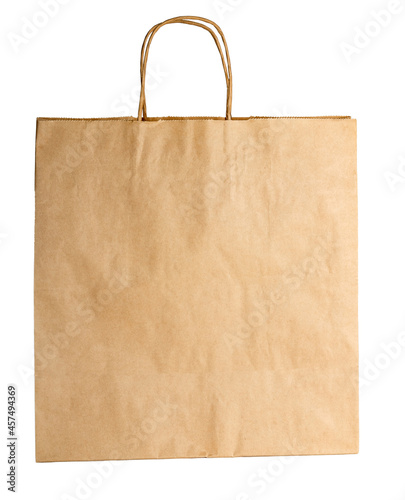 Paper bag close up isolated on white background. Environmental packaging, protecting the environment from harmful waste,