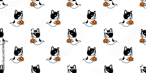 dog seamless pattern french bulldog Halloween spooky pumpkin puppy cartoon vector pet repeat wallpaper tile background gift wrapping paper scarf isolated character doodle illustration design © CNuisin