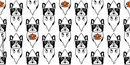 dog seamless pattern french bulldog Halloween spooky pumpkin puppy cartoon vector pet tile background repeat wallpaper gift wrapping paper scarf isolated character doodle illustration design