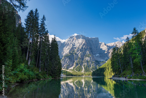 Lake Braies  Lago di Braies or Pragser Wildsee  and the Mountain peak of Croda del Becco or Seekofel  Dolomites  South Tyrol  Trentino-Alto Adige  Bolzano province  Italy  Europe.