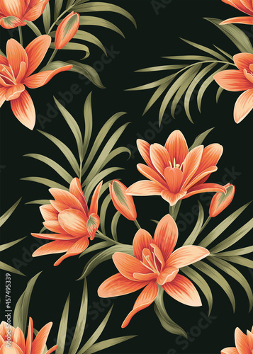 Seamless pattern of Lilies flowers background template. Vector set of floral element for tropical print, wedding invitations, greeting card, brochure, banners and fashion design.