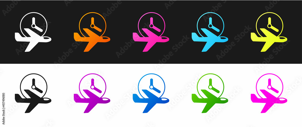 Set Flight time icon isolated on black and white background. Vector