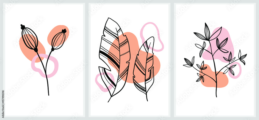 A SET OF VECTOR ILLUSTRATIONS WITH NATURAL ELEMENTS, CARDS WITH FLOWERS AND LEAVES, BRANCHES AND GRASS, ABSTRACT DRAWING BY HAND ONE LINE ON A BACKGROUND OF COLORED SPOTS