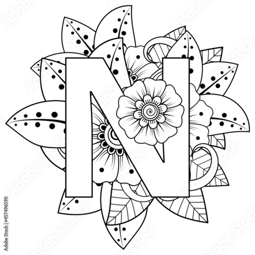 Fototapeta Naklejka Na Ścianę i Meble -  Letter N with Mehndi flower. decorative ornament in ethnic oriental style. coloring book page. 