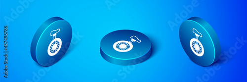 Isometric Unicycle or one wheel bicycle icon isolated on blue background. Monowheel bicycle. Blue circle button. Vector
