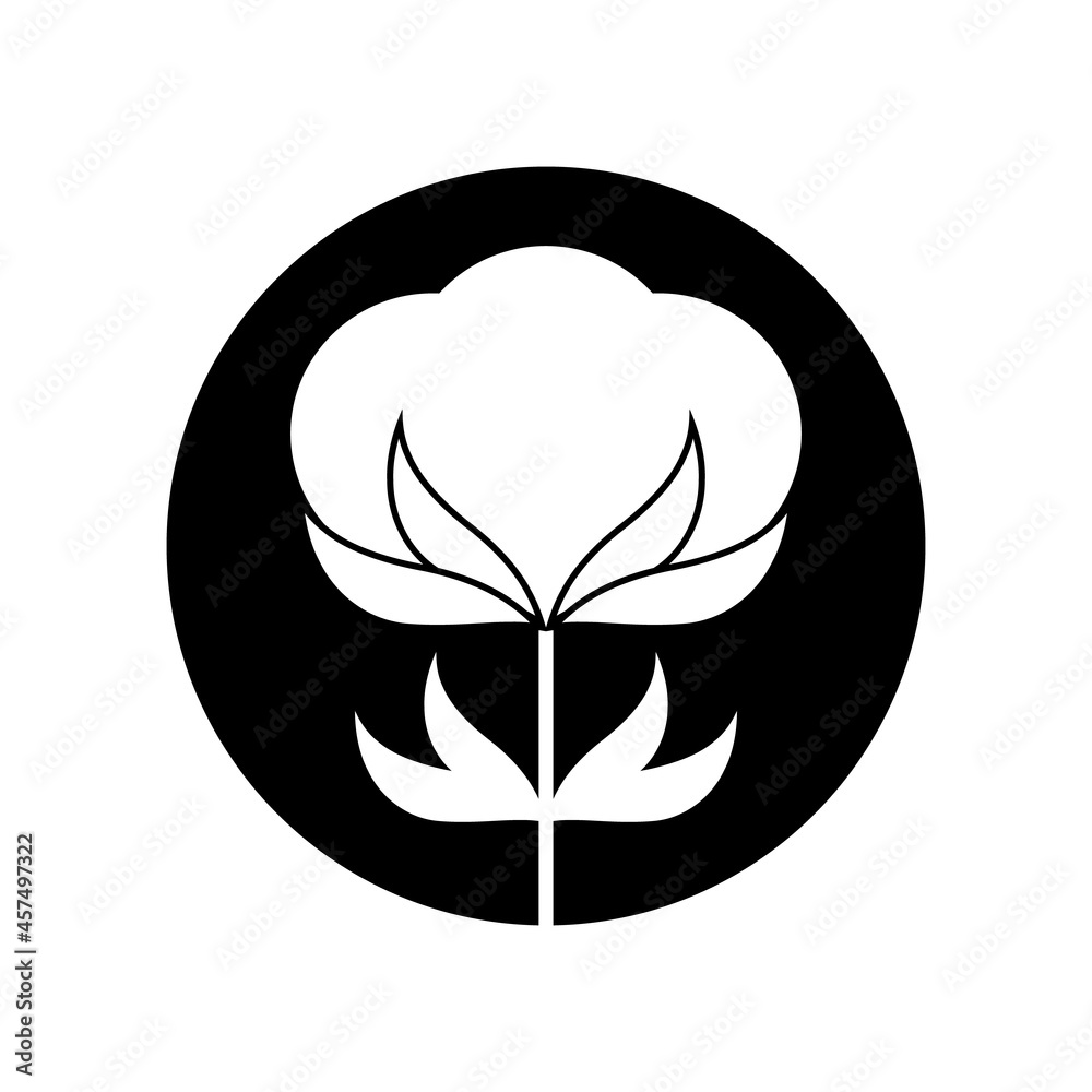 Cotton flower logo. Vector label and icon on blank background. Isolated black and white silhouette. 