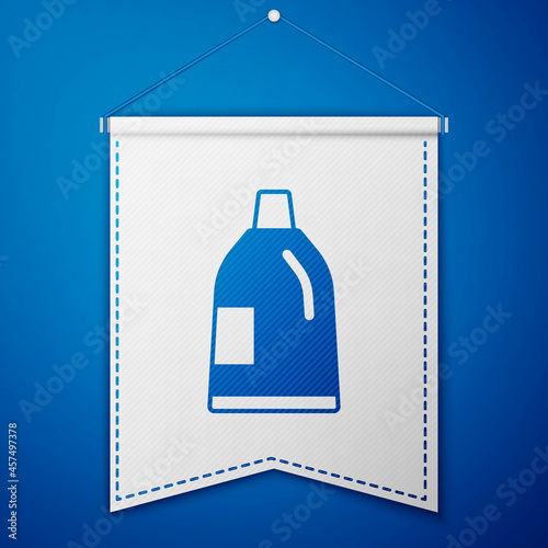 Blue Plastic bottle for laundry detergent, bleach, dishwashing liquid or another cleaning agent icon isolated on blue background. White pennant template. Vector