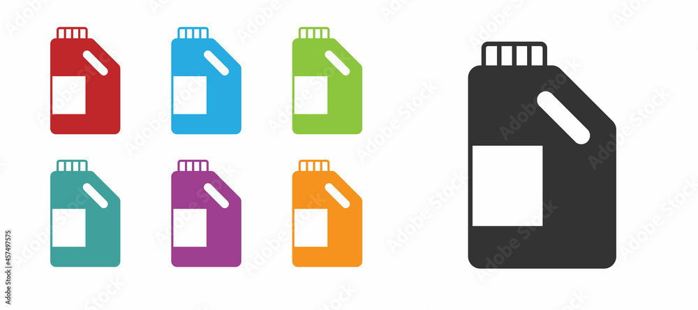 Black Plastic bottle for laundry detergent, bleach, dishwashing liquid or another cleaning agent icon isolated on white background. Set icons colorful. Vector Black Plastic bottle for laundry detergent, bleach, dishwashing liquid or another cleaning agent icon isolated on white background. Set icons colorful. Vector