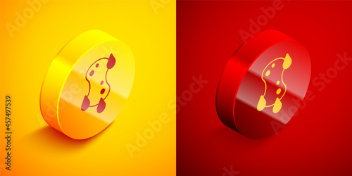 Isometric Sponge icon isolated on orange and red background. Wisp of bast for washing dishes. Cleaning service logo. Circle button. Vector