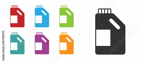 Black Plastic bottle for laundry detergent, bleach, dishwashing liquid or another cleaning agent icon isolated on white background. Set icons colorful. Vector