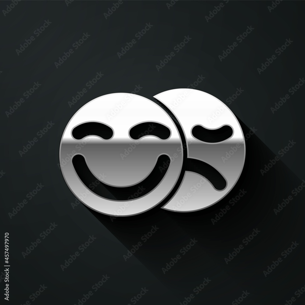 Silver Comedy and tragedy theatrical masks icon isolated on black background. Long shadow style. Vector Silver Comedy and tragedy theatrical masks icon isolated on black background. Long shadow style. Vector