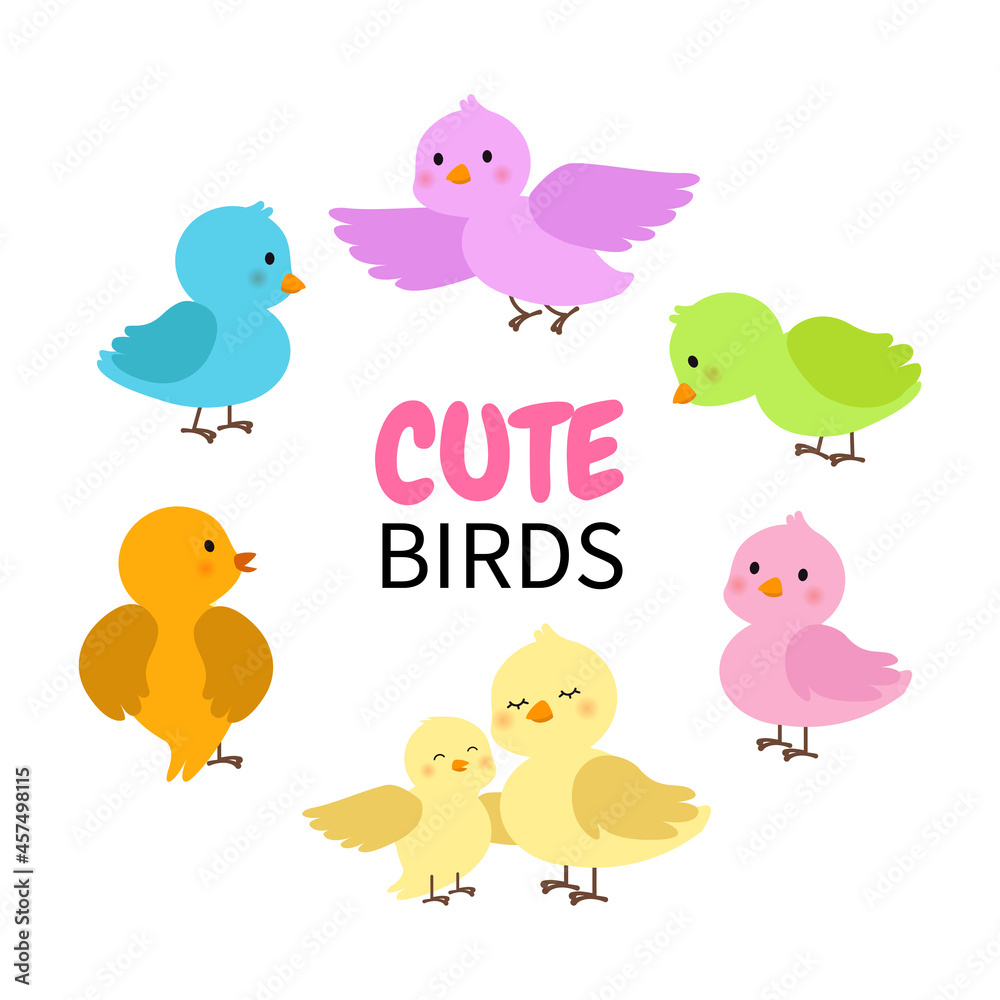 Cute colorful birds collection. Flat vector cartoon design