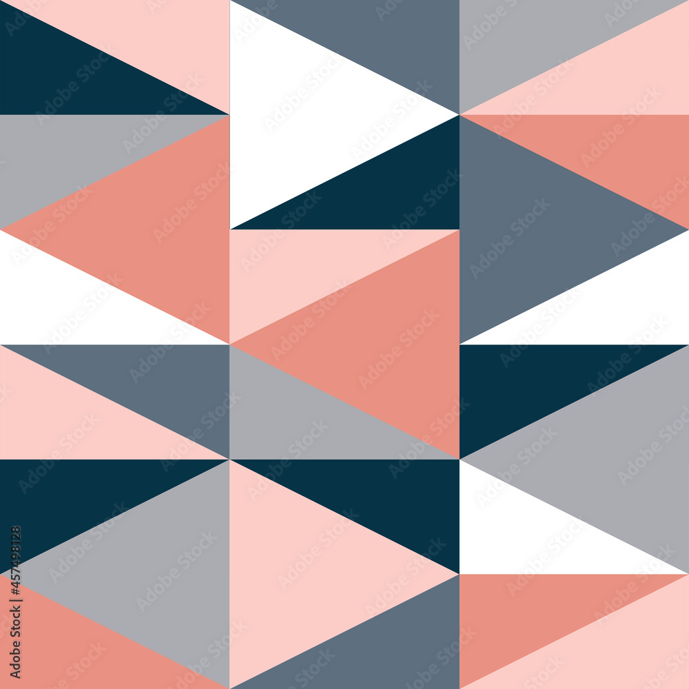 Nordic style geometrical seamless colorful (blue, pink, grey, white) triangles pattern decoration