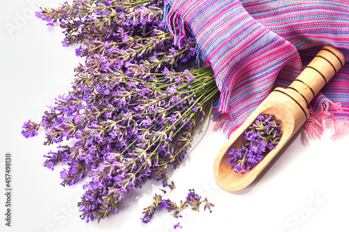 Fresh lavender bunch and lavender flowers in glass bowl. isolated on white background.