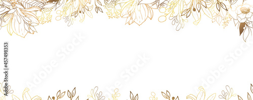 Luxurious golden wallpaper. Floral frame. White background and beautiful golden leaves on top of the illustration. Magnolia flowers with a shiny light texture. Vector illustration.