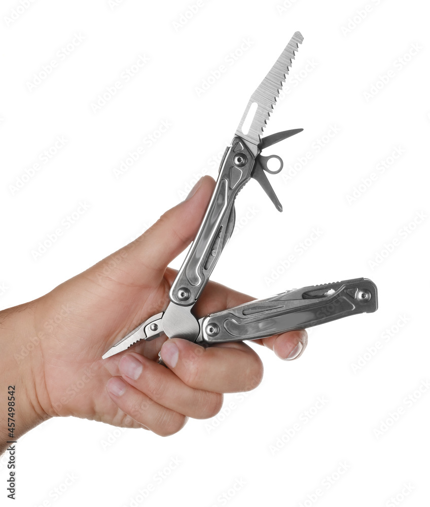 Man holding multitool on white background, closeup Man holding multitool on white background, closeup