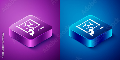 Isometric Radioactive waste in barrel icon isolated on blue and purple background. Barrel with radioactive and toxic substance is spilled. Square button. Vector