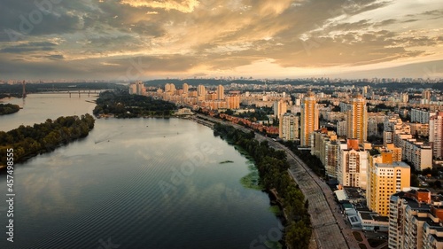 Aerial drone view of Kyiv, Ukraine at sunset