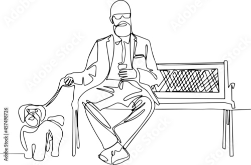bearded man sitting on a bench with a cup of take away coffee and a dog on a leash