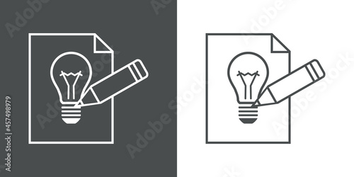 Icono plano hoja de papel con lapicero y bombilla con lineas en fondo gris y fondo blanco