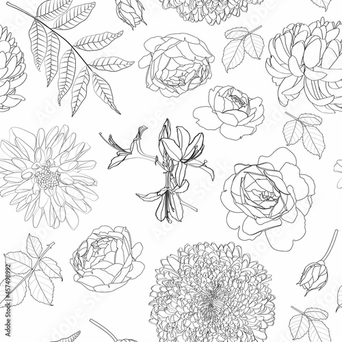Wallpaper Mural Exotic Chrysanthemum dahlia flowers and leaves illustration. Black white line seamless pattern. White background. Torontodigital.ca