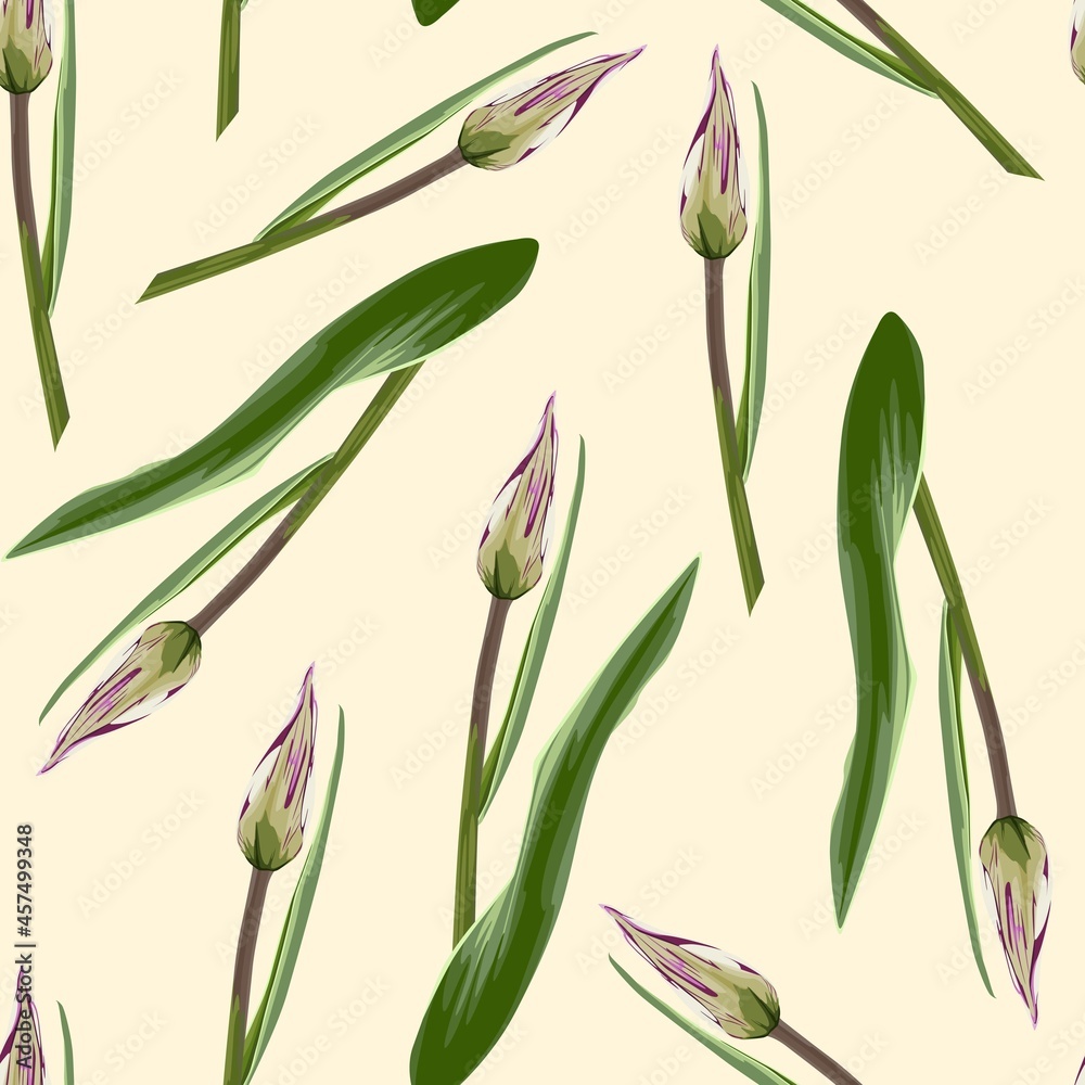Vintage floral seamless background pattern. Beautiful tulips flower bud and leaves on beige background. 