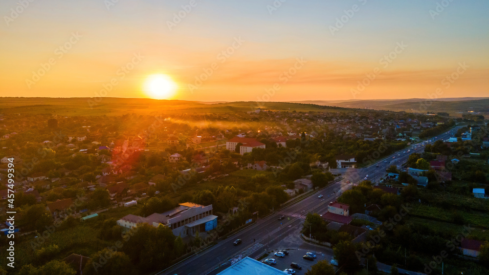 Aerial drone view of Tipova, Moldova at sunset