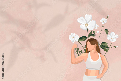 Flexing muscles border vector background with floral yoga woman illustration