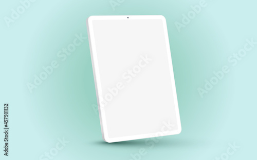 White 3D realistic tablet PC mockup frame with angle blank screen.