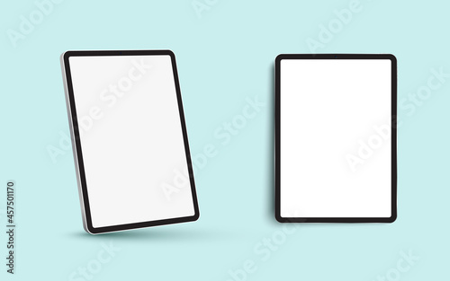 Black 3D realistic tablet PC mockup frame with different angles blank screen.