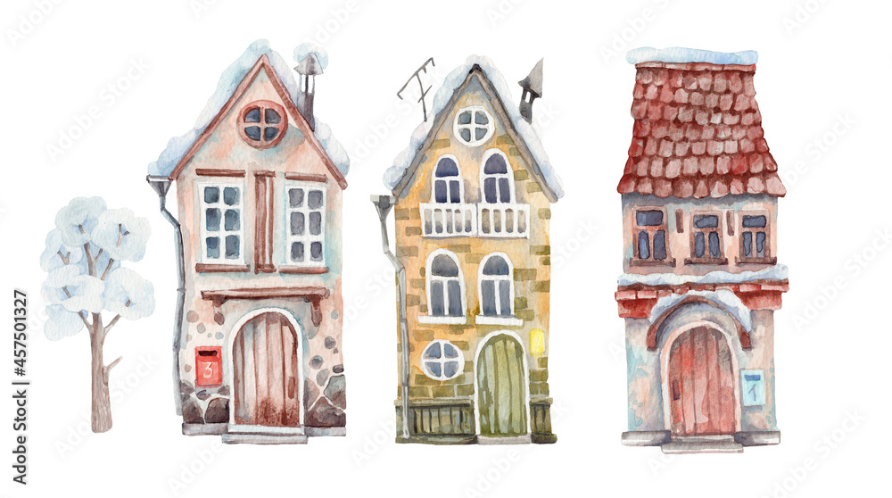 A set of Christmas watercolor houses. Christmas card with watercolor decorations. 