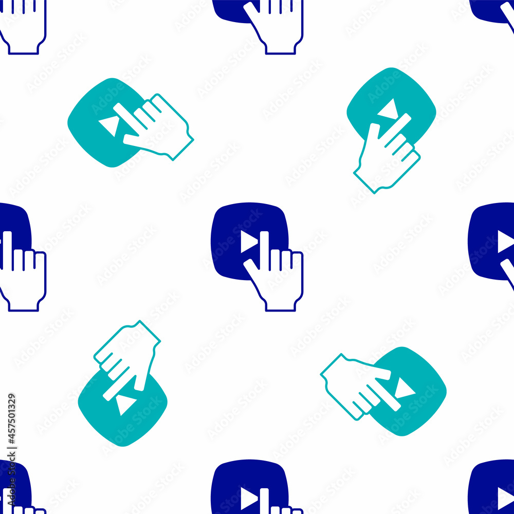 Blue Online play video icon isolated seamless pattern on white background. Film strip with play sign. Vector Blue Online play video icon isolated seamless pattern on white background. Film strip with play sign. Vector