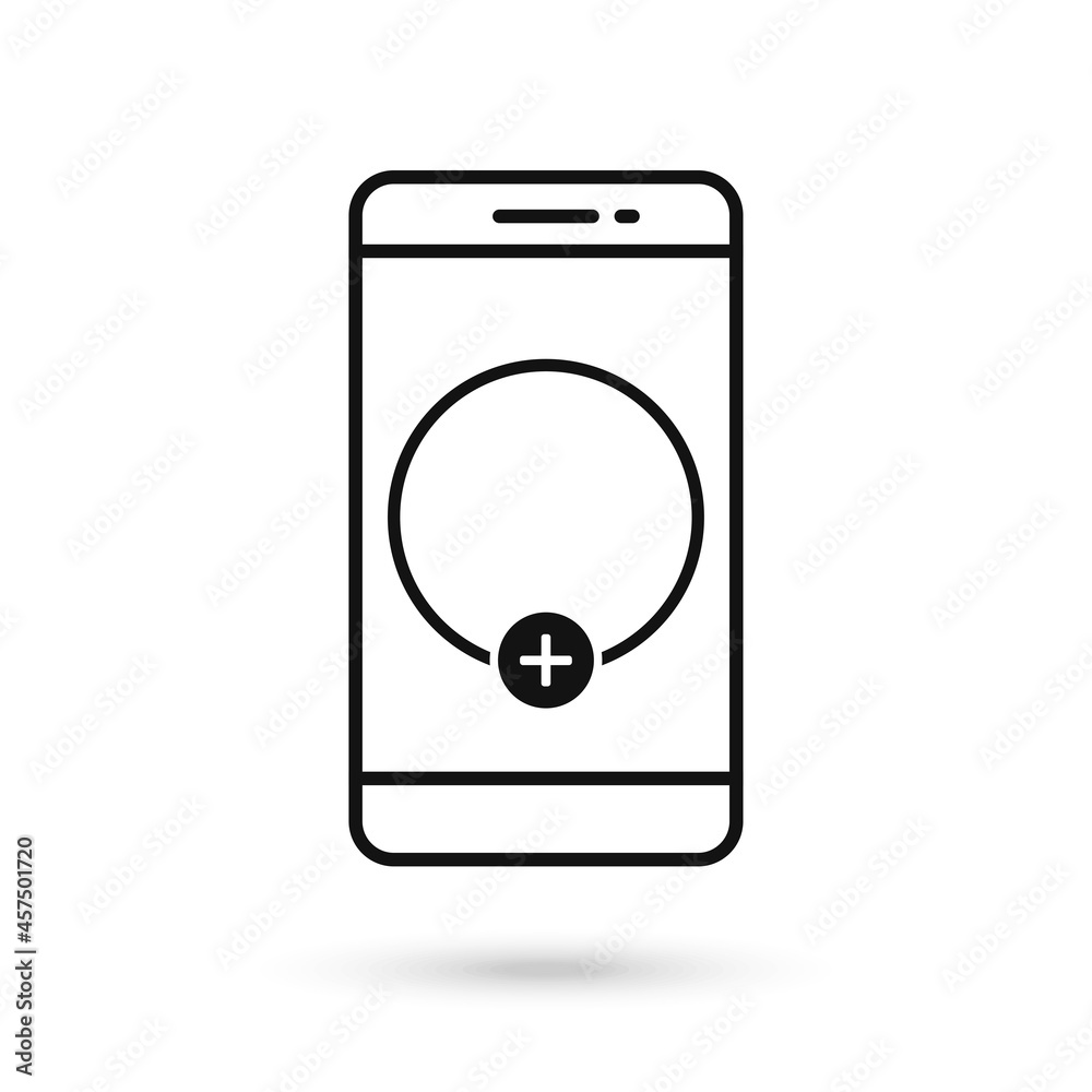Mobile phone flat design icon with template blank with add sign Mobile phone flat design icon with template blank with add sign