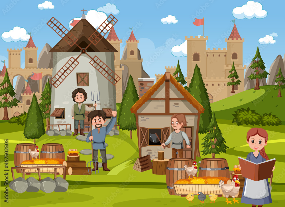 Fototapeta premium Medieval town scene with villagers