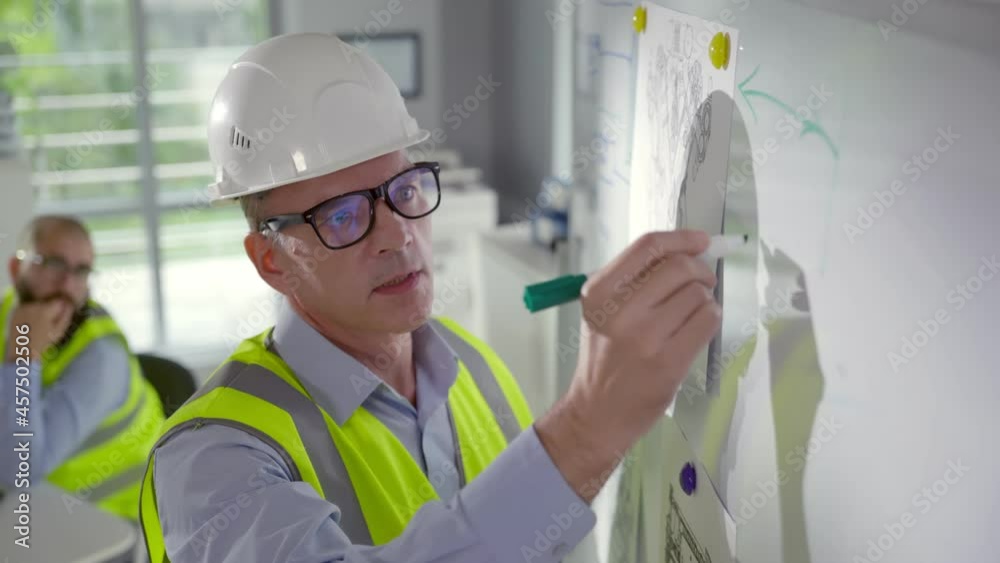 Close up of senior engineer writing on white board during meeting in office
