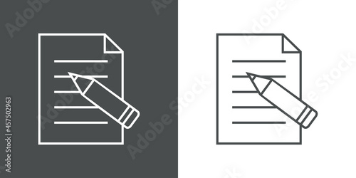 Icono plano hoja de papel con lapicero con lineas en fondo gris y fondo blanco