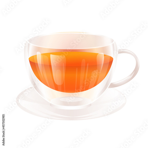 Double bottom glass teacup on transparent saucer isolated on white background. Aroma drinking vector illustration.
