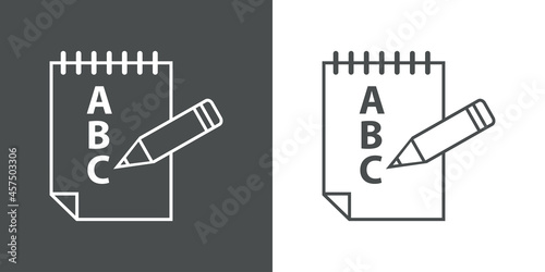 Icono plano cuaderno de espiral con lapicero y letras con lineas en fondo gris y fondo blanco