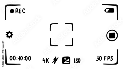 Camera viewfinder application interface on smartphone, screen. Movie mode. Doodle style sketch. Vector illustration.