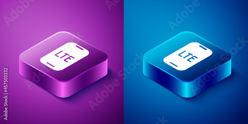 Isometric LTE network icon isolated on blue and purple background. Square button. Vector