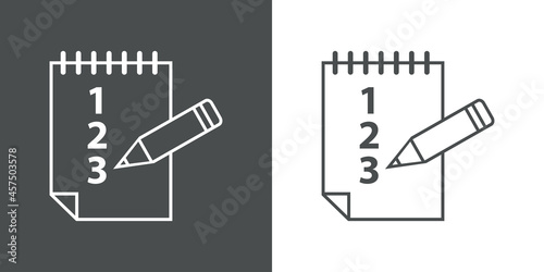 Icono plano cuaderno de espiral con números y lapicero con lineas en fondo gris y fondo blanco