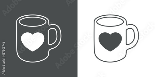 I love coffee. Logotipo con silueta de taza de café con corazón con lineas en fondo gris y fondo blanco