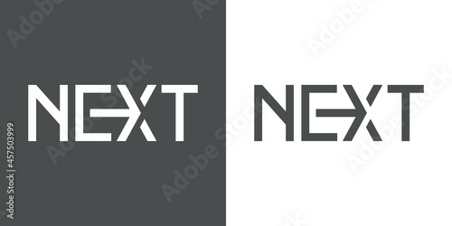 Logotipo con palabra Next con letra X con forma de flecha en fondo gris y fondo blanco