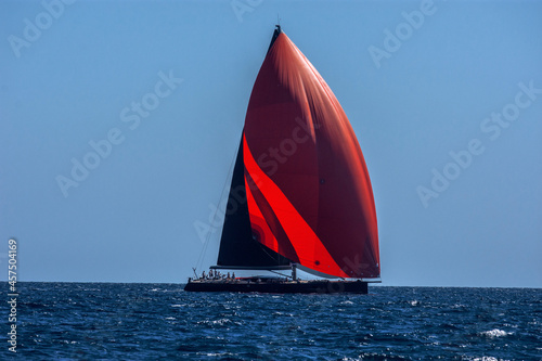 Sailboat with red genaker on the sea