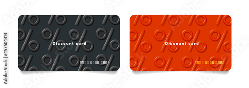 Set of bank or loyalty program cards with convex 3d percent sign on red and black backdrop